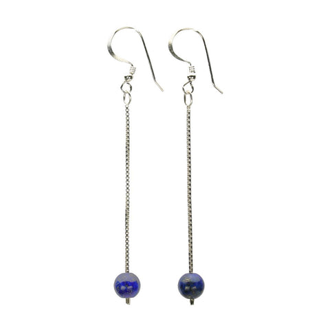 Blue Lapis Stone Drop Sterling Silver Box Chain Stiletto Earrings  
