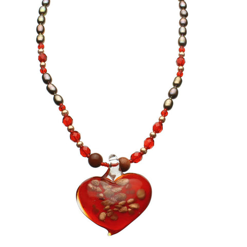 Red Murano-style Glass Heart Freshwater Cultured Pearl Necklace 18 inches+2 inches