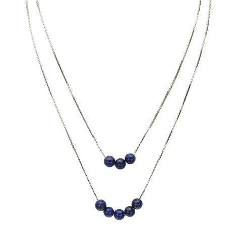 2-Strand Blue Lapis Stone Beads Floating Sterling Silver Box Chain Necklace Adjustable