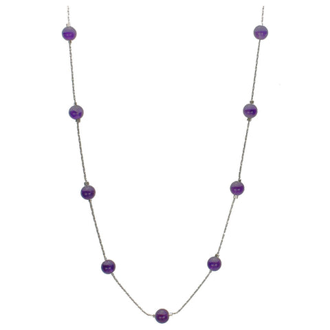 Amethyst Stone Beads Station Sterling Silver Italian Chain Necklace