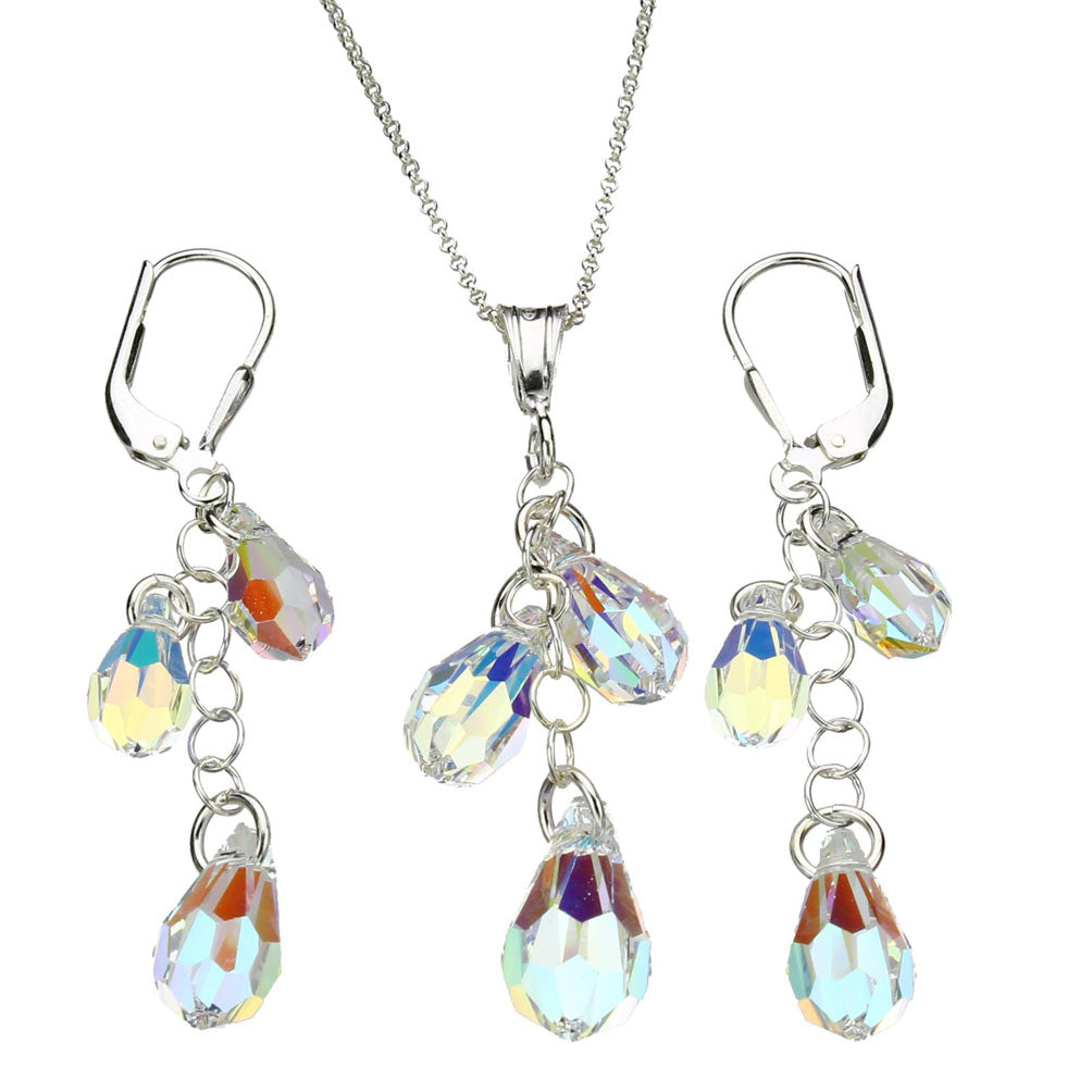 Joyful Creations Sterling Silver Chain Necklace Earrings AB Crystal Multi-Teardrop Pendant 18 Inches