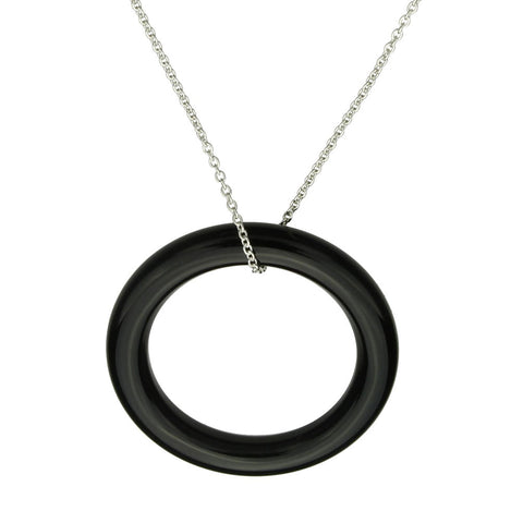 Large Black Onyx Stone Circle Ring Pendant Sterling Silver Cable Chain Necklace