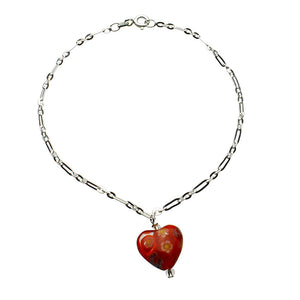 Sterling Silver Murano-style Millefiori Red Glass Heart Charm Bracelet 7.5 inch