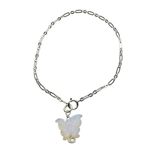 Opalite Glass Butterfly Sterling Silver Charm Bracelet 7.5 inches