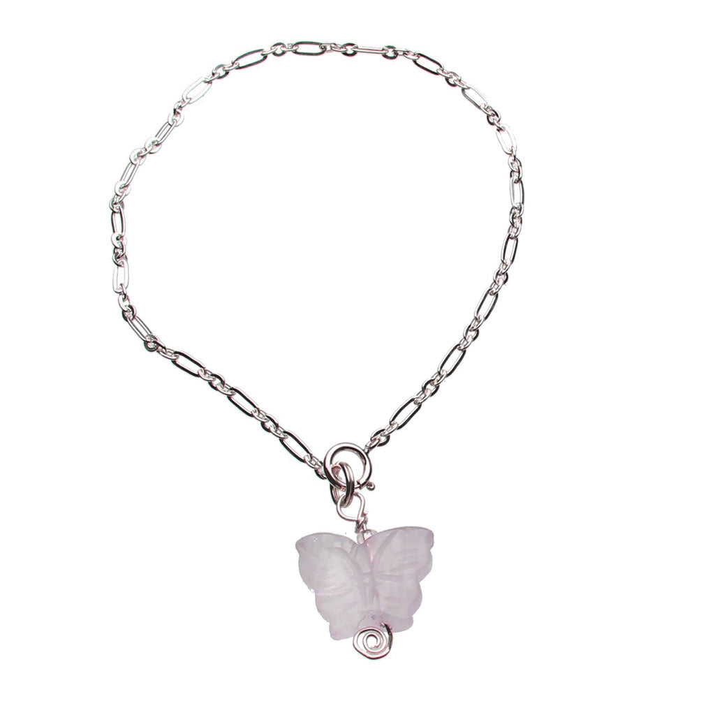 Rose Quartz Stone Butterfly Sterling Silver Charm Bracelet 7.5 inches