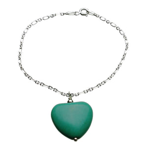 Sterling Silver Charm Bracelet Simulated Turquoise Stone Heart, 7.5 inches