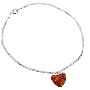 Sterling Silver Murano-style Millefiori Red Glass Heart Charm Singapore Ankle Bracelet 