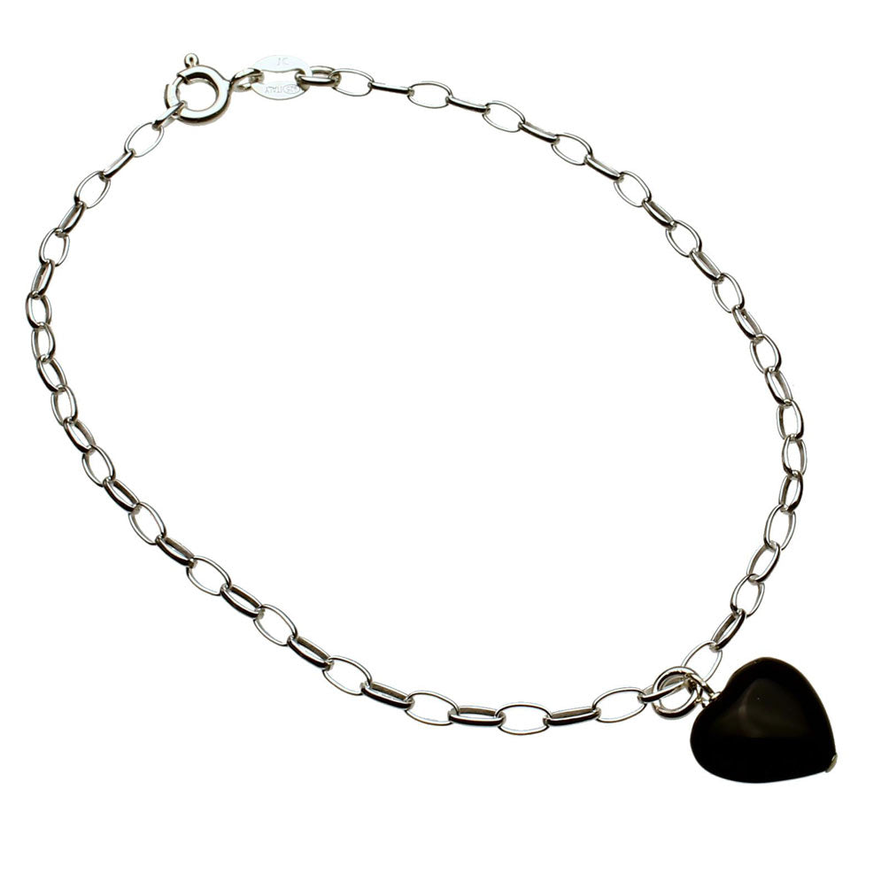 Sterling Silver Charm Bracelet Black Onyx Stone Heart, 7.5 inches
