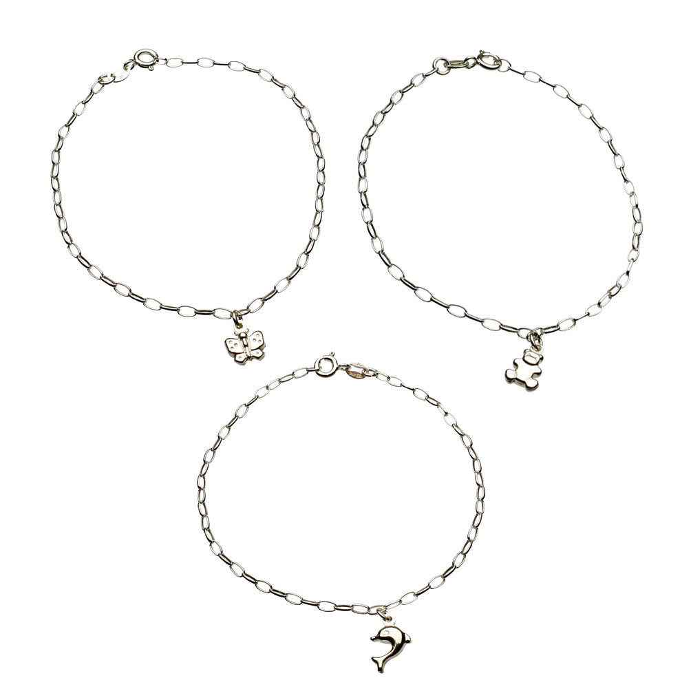 Set of 3, Sterling Silver Puff bear, Butterfly, Dolphin Charm Bracelet, Anklet Adjustable
