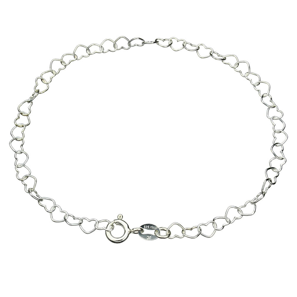 Sterling Silver Heart Link Nickel Free Chain Bracelet Anklet Italy Adjustable