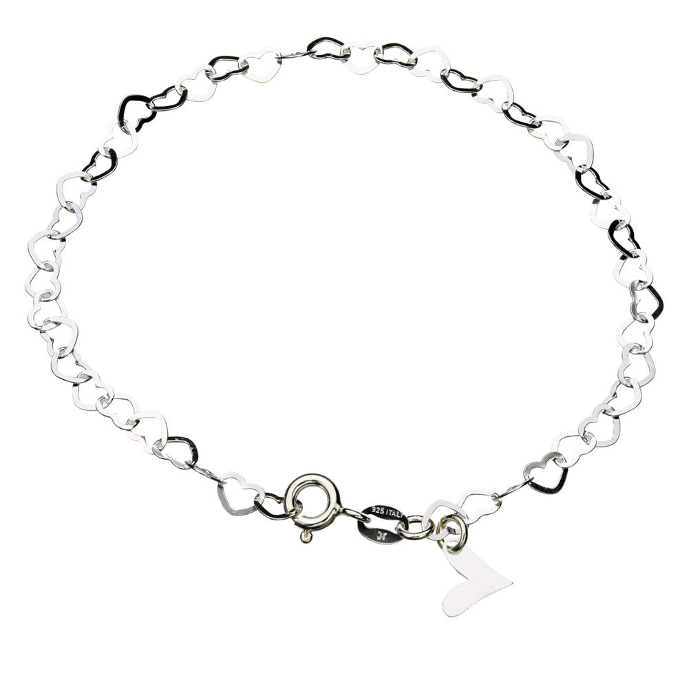 Sterling Silver Flat Heart Link Charm Bracelet Nickel Free Chain Italy, 7.5 inches