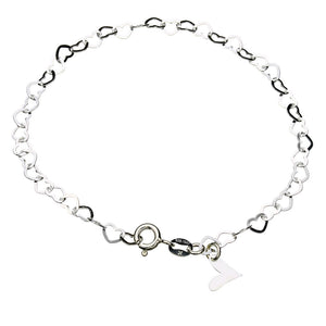 Sterling Silver Flat Heart Link Charm Bracelet Nickel Free Chain Italy, 7.5 inches