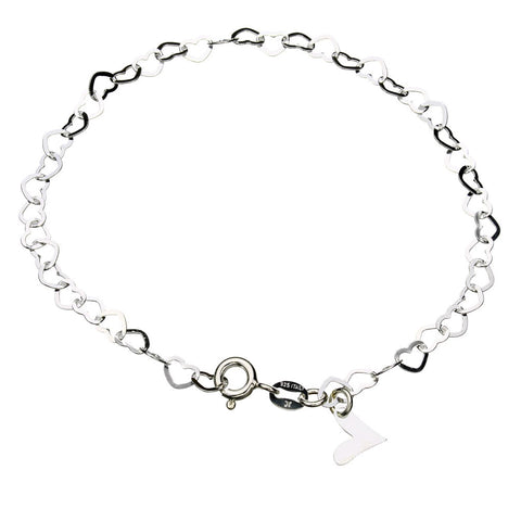 Sterling Silver Flat Heart Link Charm Anklet Nickel Free Chain Italy Adjustable