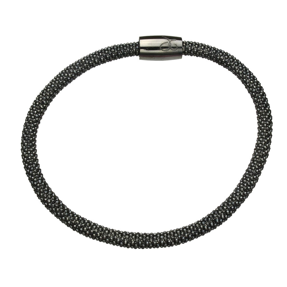 Black Rhodium-Flashed Sterling Silver Faceted Flexible Popcorn Magnetic Clasp Mesh Chain Bracelet Italy