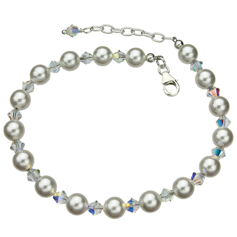 Sterling Silver Ankle Bracelet, Crystal Simulated Pearls 9 inches+1 inches Extender