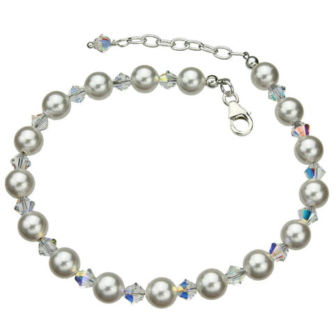 Sterling Silver Bracelet, Crystal Simulated Pearls 7 inches+1 inches Extender 
