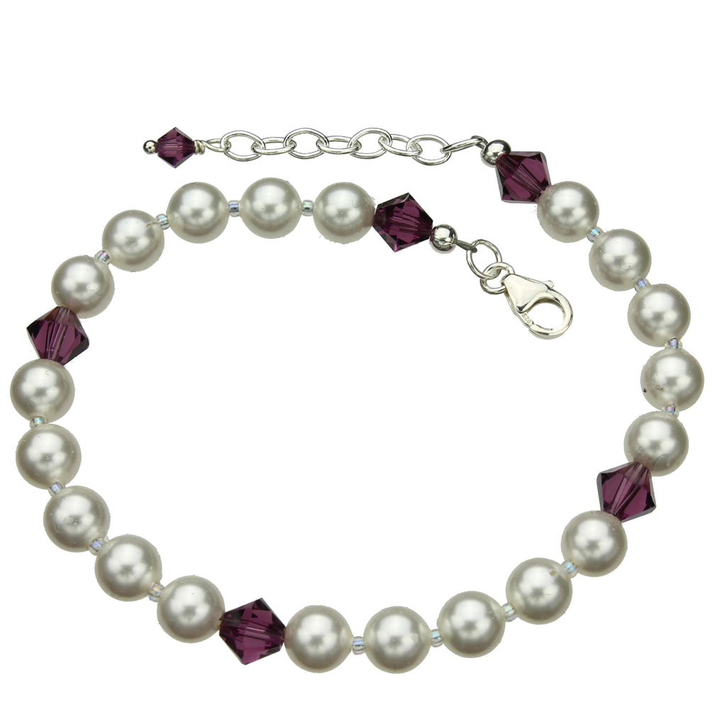 Sterling Silver Ankle Bracelet, Crystal Simulated Pearls 9 inches+1 inches Extender