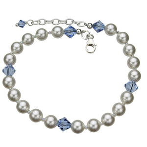 Sterling Silver Ankle Bracelet, Crystal Simulated Pearls 9 inches+1 inches Extender