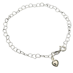 Sterling Silver Heart Link Charm Nickel Free Chain Bracelet Italy, 7.5 inches