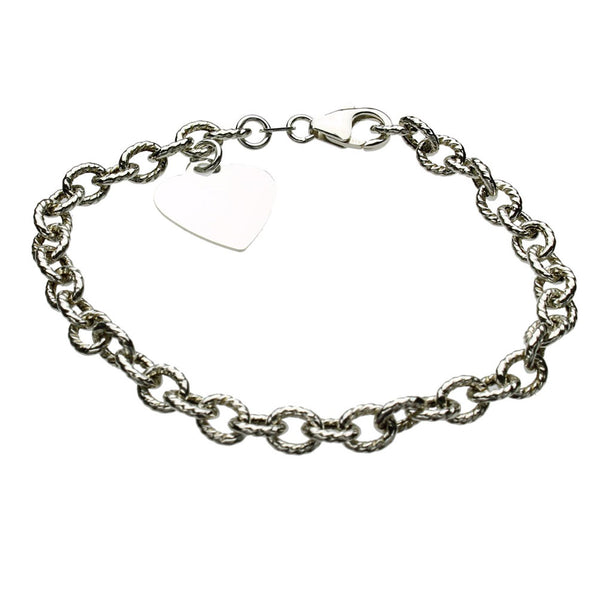 Sterling Silver Large Flat Heart Charm Bracelet Italy, 8 inches