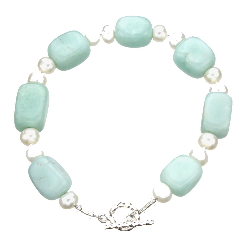 Amazonite Stone Nugget Freshwater Cultured Pearls Sterling Silver Toggle Bracelet