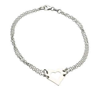 Sterling Silver Heart Charm 2-Strand Chain Bracelet Lobster Clasp Italy
