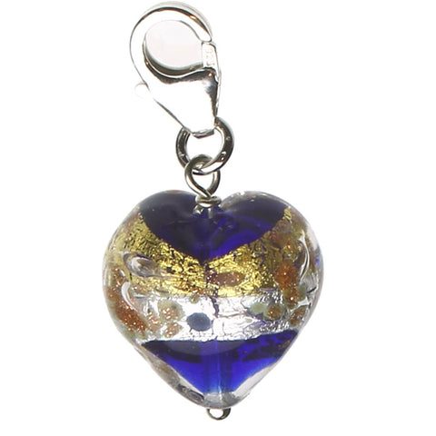 Murano-style Dark Blue Glass Heart Charm Sterling Silver Pear Lobster Clasp@c