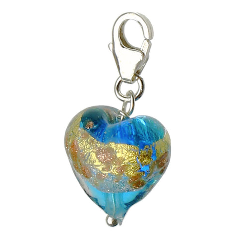 Murano-style Aqua Blue Glass Heart Charm Sterling Silver Pear Lobster Clasp@c
