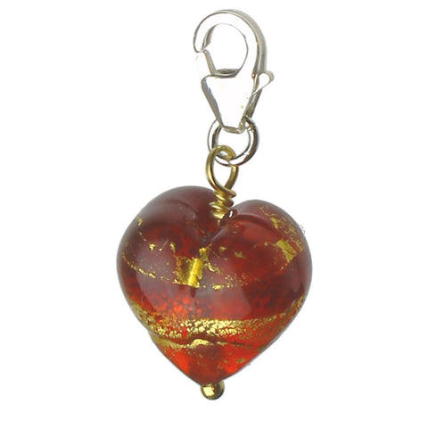 Murano-style Red Gold-Foil Glass Heart Charm Sterling Silver Pear Lobster Clasp@c