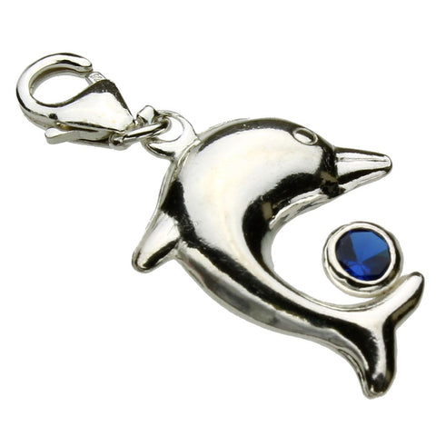 Sterling Silver Large Dolphin Lobster Blue Crystal Clasp Clip-On Dangle Charm@c