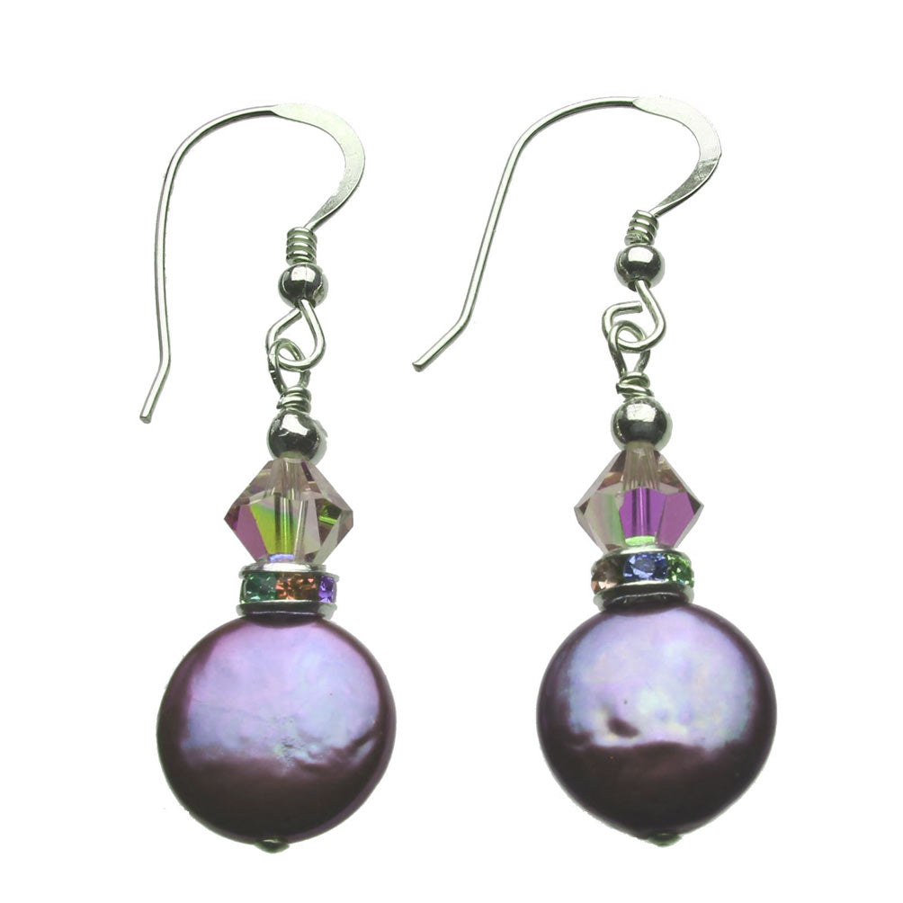Sterling Silver Earrings Lavender Coin Freshwater Cultured Pearl
