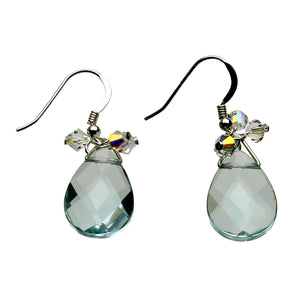 Sterling Silver Earrings Aqua Glass Briolette Crystal Beads