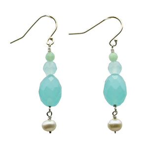 Faceted Aqua Glass Freshwater Cultured Pearl Sterling Silver Earrings