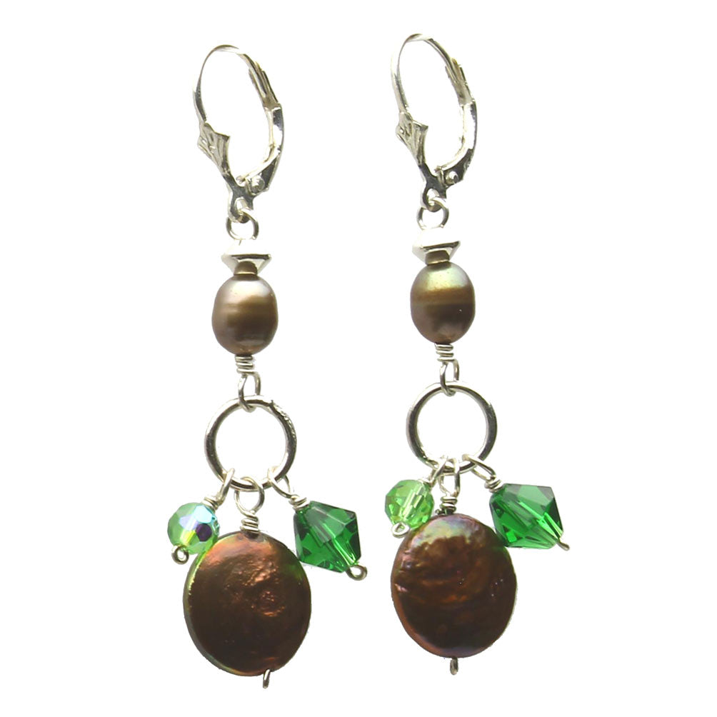 Bronze Coin Freshwater Cultured Pearl Glass Beads Sterling Silver Earrings