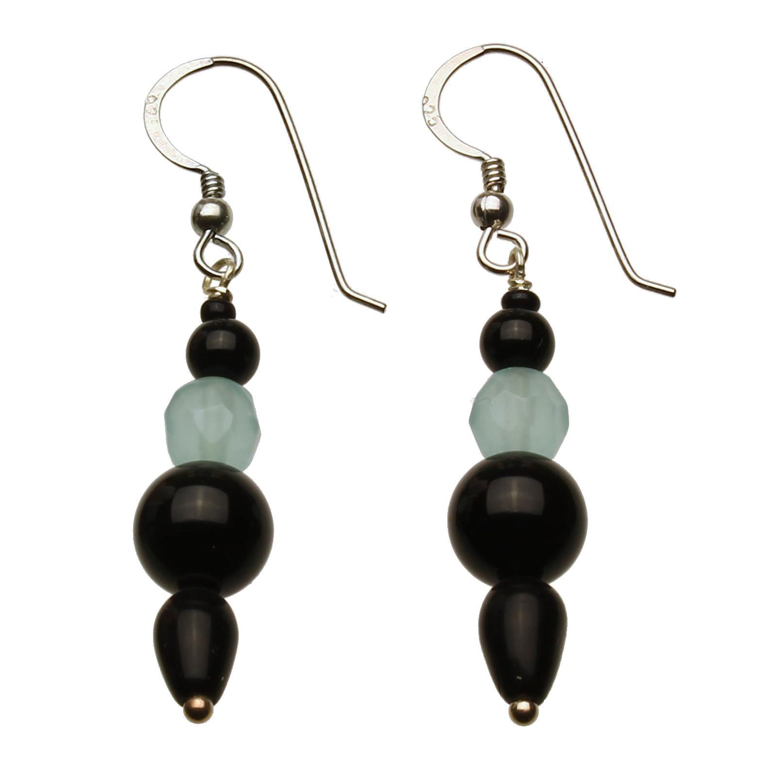 Black Onyx Stone Aqua Faceted Glass Beads Earring