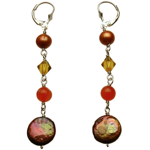 Bronze Coin Freshwater Cultured Pearl Glass, Carnelian Beads Sterling Silver Earrings