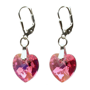 Sterling Silver Leverback Earrings Pink Crystal Heart