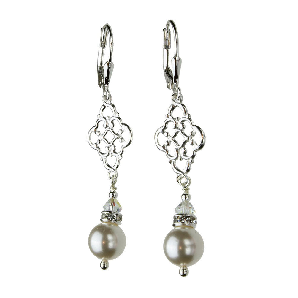 Sterling Silver Leverback Earrings 8mm White Crystal Simulated Pearl