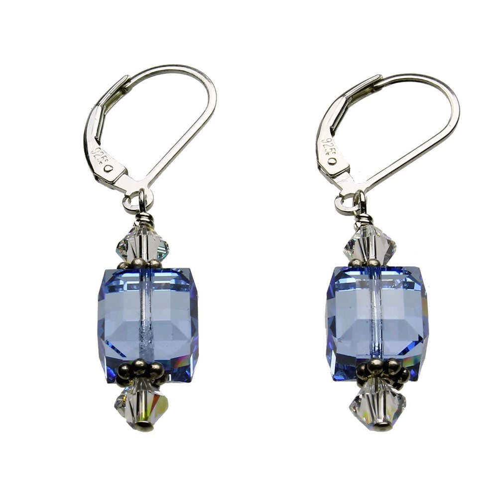 Light Blue Sterling Silver Leverback Earrings 8mm Crystal Cube