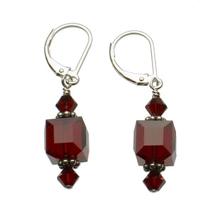 Red Sterling Silver Leverback Earrings 8mm Crystal Cube