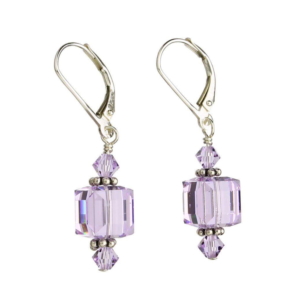 Violet Sterling Silver Leverback Earrings 8mm Crystal Cube