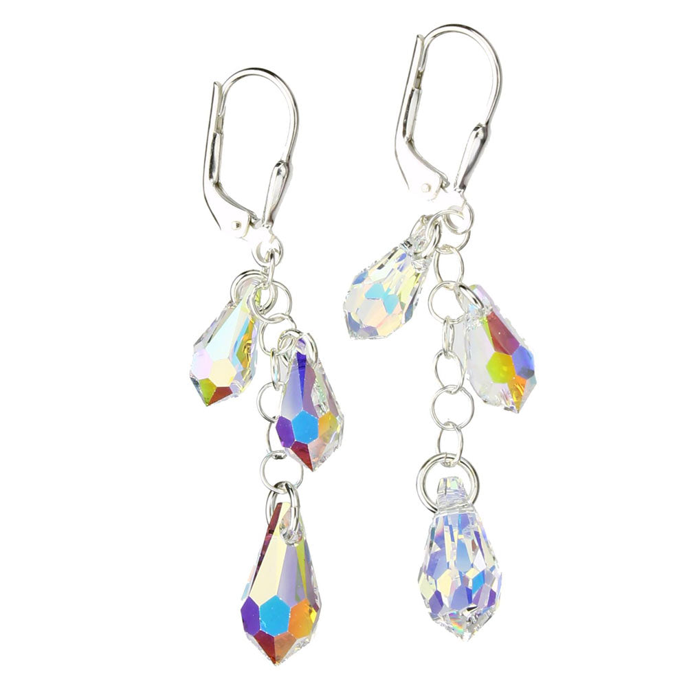 Sterling Silver Earrings Aurora Borealis Crystal Multi-Teardrop
