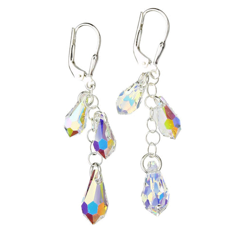 Sterling Silver Earrings Aurora Borealis Crystal Multi-Teardrop