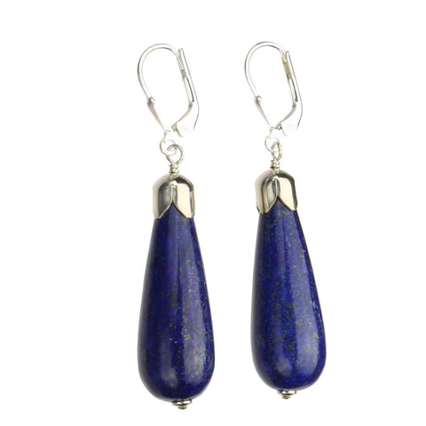 Blue Lapis Stone Long Teardrop Beads Sterling Silver Leverback Earrings