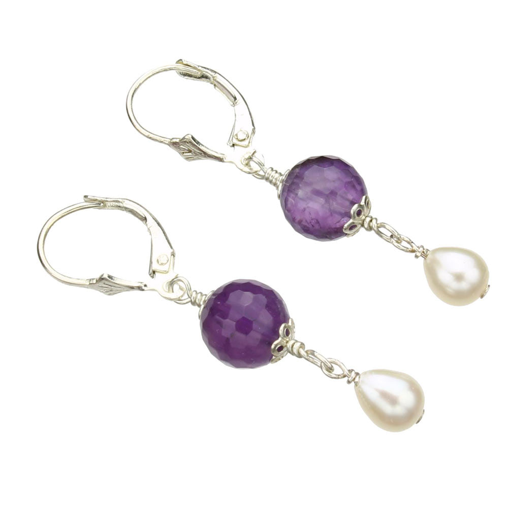 Faceted Amethyst Stone Freshwater Cultured Pearl Sterling Silver Earrings
