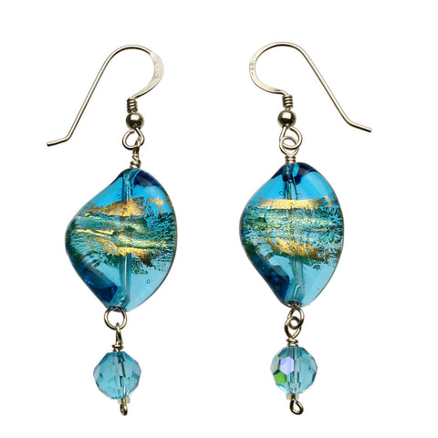 Gold Foil Twist Aqua Murano-style Glass Earrings 