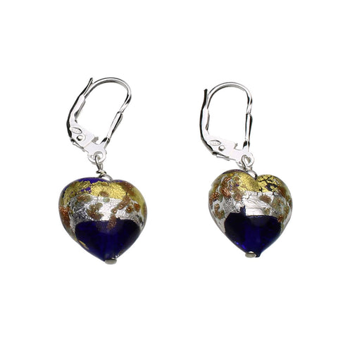 Murano-style Dark Blue Glass Heart Sterling Silver Leverback Earrings