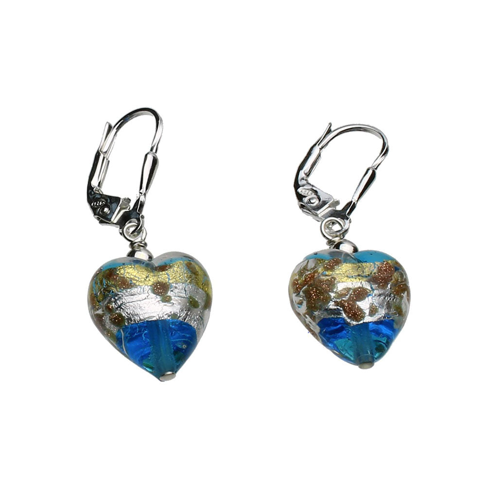 Murano-style Aqua Glass Heart Sterling Silver Leverback Earrings  