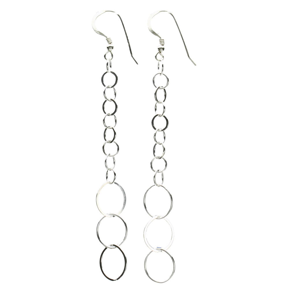 Sterling Silver Flat, Round Open Circle Links Long Earrings