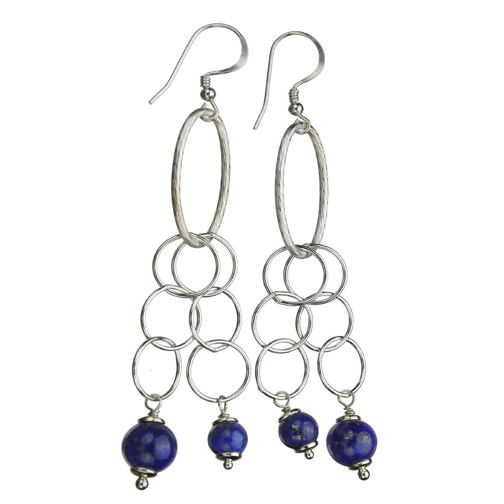 Sterling Silver Blue Lapis Stone Large Oval Link Chain Earrings